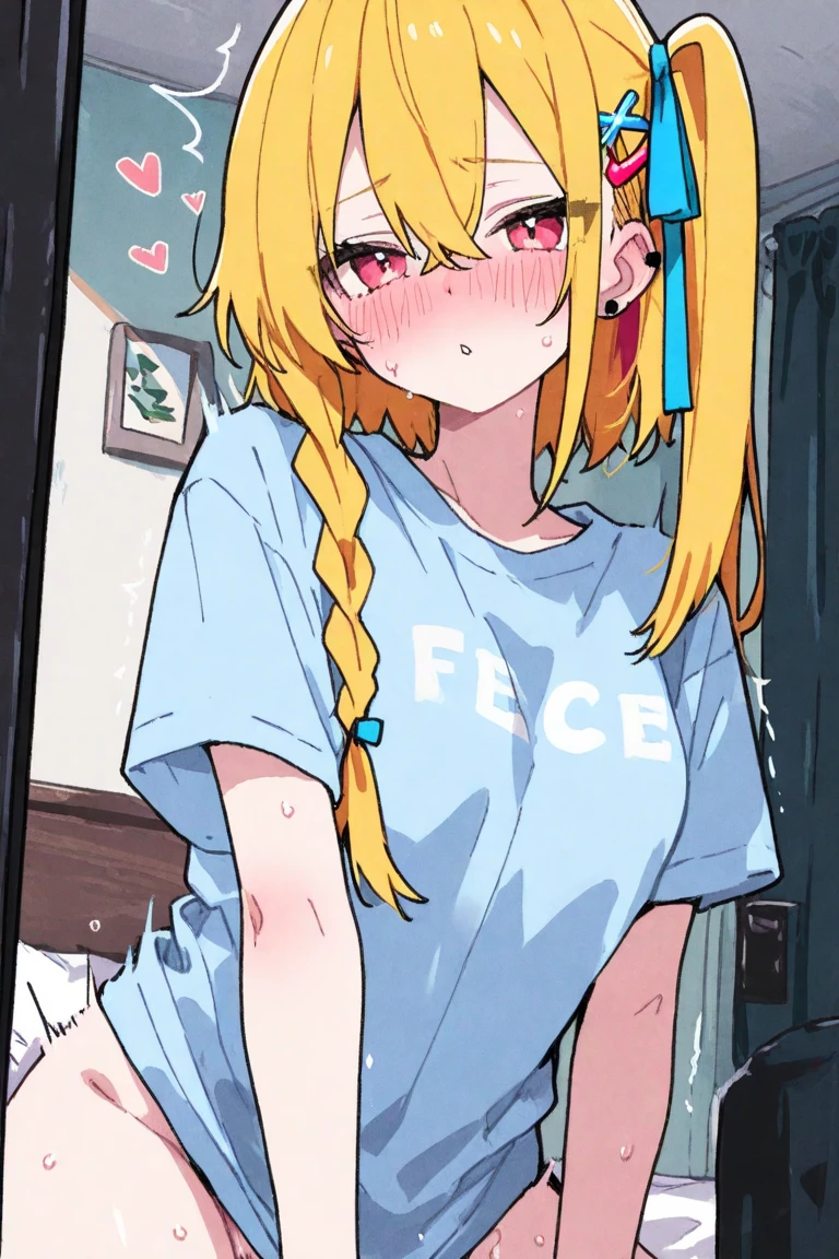 nsfw,(Petite),(boy),penis,blonde low twintails,lips,slouch,Sweat,White Breath,Viewers from the front,Standing posture,T-shirt with loose chest,