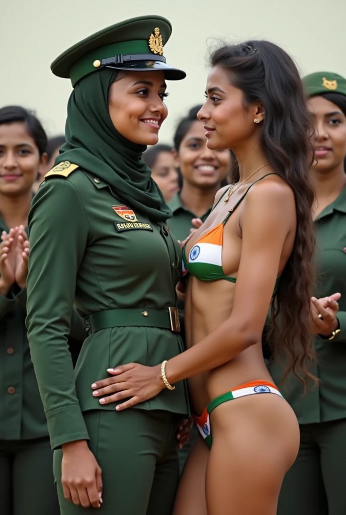 Afghan sexy, 2 girl, (28 years old), in the military tent, shapely, bra, beret, pleased expression, (from front view), (masterpiece, best quality, highly detailed, hyper realistic) 
