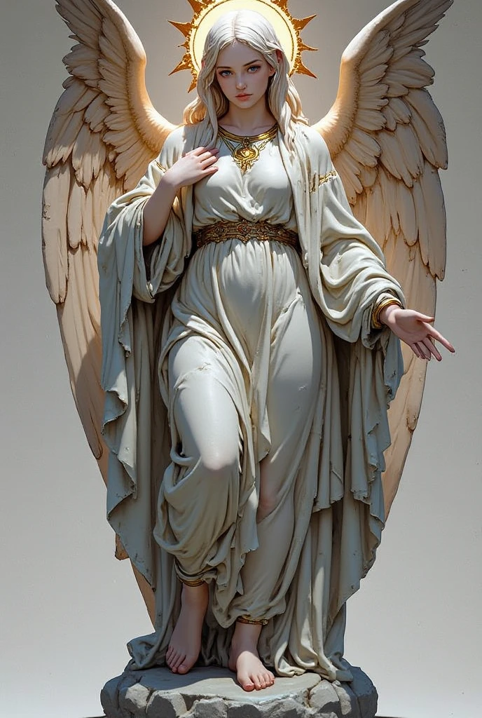 Beautiful Virgin Mary looking at the camera、Has moist eyes, （whole body：1.2）, Wearing a reddish-beige tunic with a blue cloak and veil , Slim body, Beautiful legs, whole body, Big Wings, Daytime, Halo