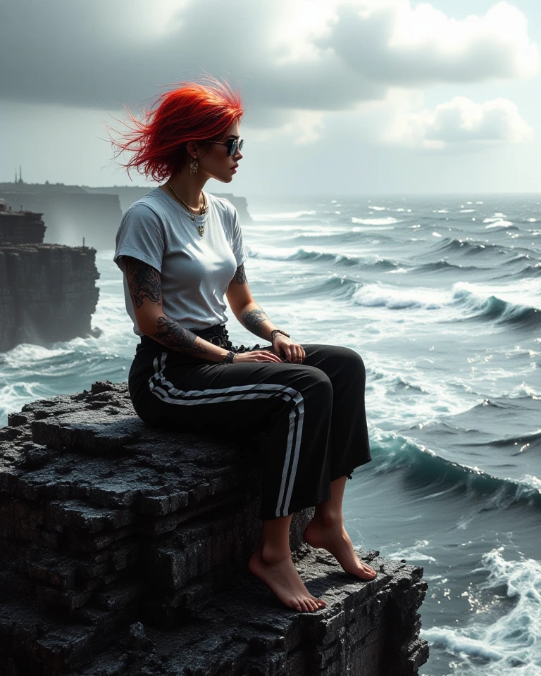 realistic style, photo, photorealistic, high detail, (sharp), (photorealism:1.2), (photo:1.2) of a beautiful muscular redhead woman with long hair kneeling with her back to the camera on a wooden pier by a lake, looking at the mountains on the left side, extremely detailed face and body, hyper realistic, natural lighting, vivid colors, photorealistic, masterpiece, 8k. [Entire scene is surrounded by mist, evoking a mysterious and eerie atmosphere. The lighting is dark and atmospheric, with smoke and fog adding a touch of sinister ambiance. Best quality image, HDR enhancement, showcasing the utmost level of detail and realism]. [8K, Best Quality, Ultra High Resolution, (highly detailed CG unity 8k wallpaper), (best photo), (best shadows), isometric 3D, octane rendering, ray tracing, highly detailed, (Best quality, 4K, 8k:1.2), absurdity, ultra detailed, (realistic, photorealistic, photorealistic:1.37), complex parts, HDR, (complex parts:1.12), (hyper detailed, hyper realistic, Soft lighting, spicy:1.2), (complex parts, Hyper detailed:1.15). Blurred foreground. (backlit), masterpiece, high quality, brightness, chromatic aberration, foggy smoke, shadows, contrast, (warm hue, warm tone), high details, natural reflections].