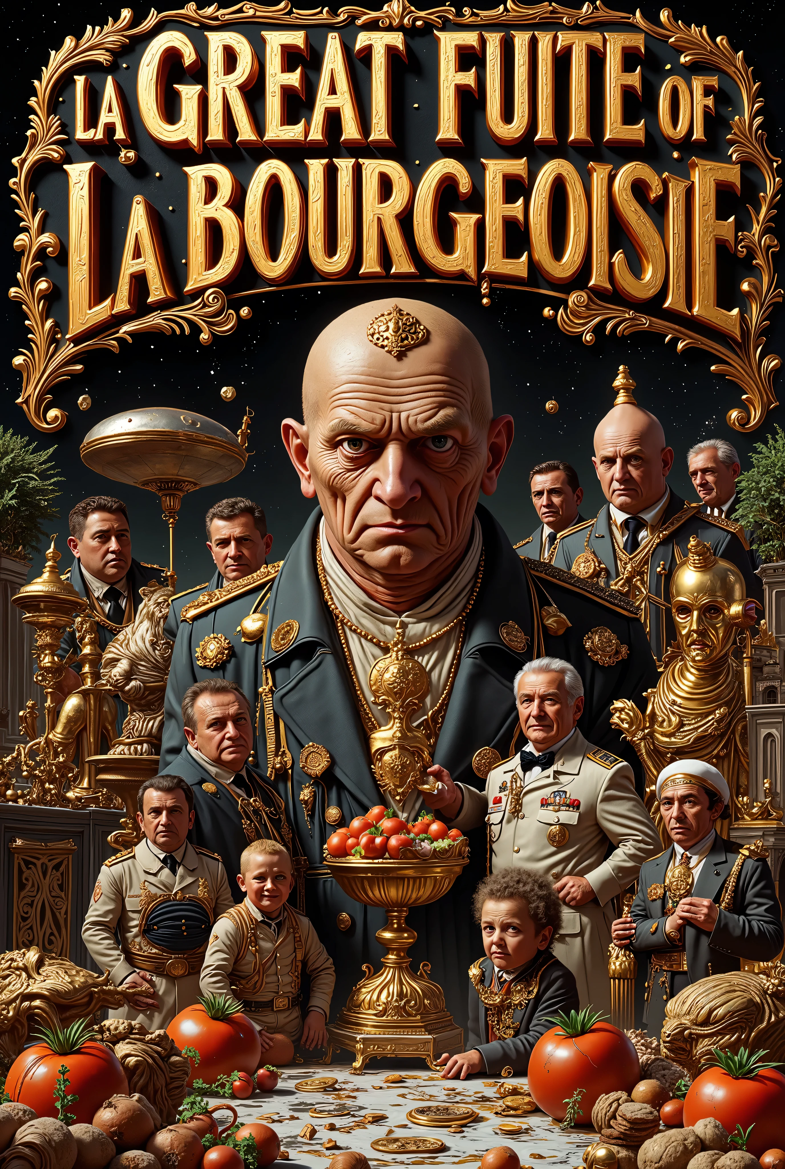 A whimsical and crazy poster with the title : "LA GREAT FUITE OF LA BOURGEOISIE" In font, capital letter 3D in solid gold. Avec dans le décor : un milliardaire en personnage principal avec des billets d’argent et des lingots d’or avec son Yacht, police officers in uniform, un gros poireau, des radis, une tomate, un gros caillou, des bourgeois, An antifascist cat, a woman judge with his hammer, Trash, a man with a melon head riding a big rocket in space, extraterrestrial aliens. A crazy beautiful brothel