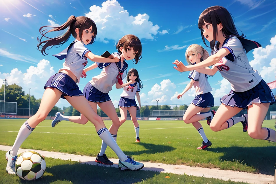 (super flat, flat shading), Honors Type, Really blushing, 17 years old, (running Match:1.5), 2girls, (fighting:1.5), wearing white short sleeves shirt, (school uniform:1.5), wedgie:1.5, cameltoe:1.7, sports shoes, ponytail brown hair, sweaty healthy body, sweaty soaking wet full body, bare legs, navel, ultra realistic, early morning, breeze, in crowded public gymnastics,