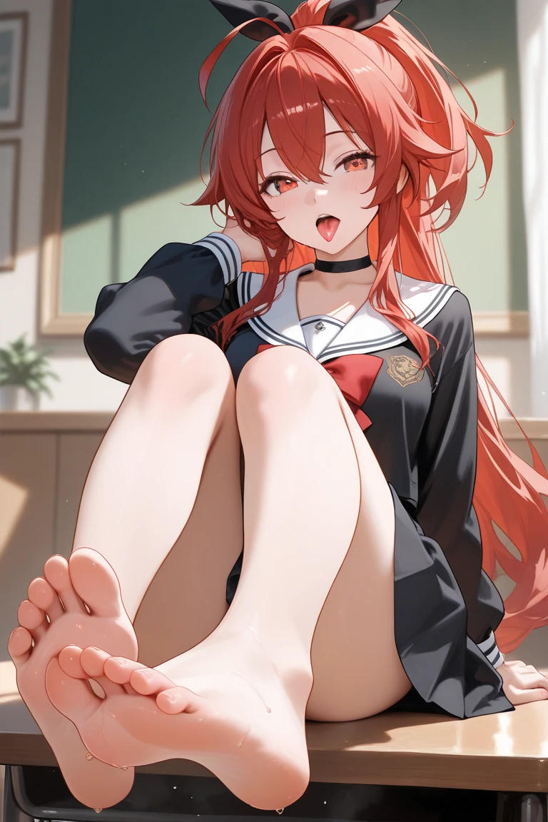 1girl,toenail polish,toenails,nail polish,feet,barefoot,solo,foot focus,red nails,toes,skirt,red hair,sitting,foreshortening,close-up,pleated skirt,legs,long hair,