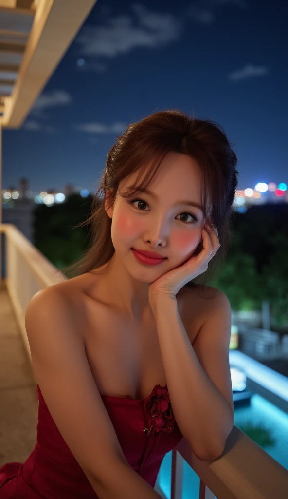 ((Night Scene, Realistic Light, Best Quality, 8k, Masterpiece: 1.3)), 1 Girl, Slim Figure Beauty: 1.4, Brown Hair, (((Super Big: 1.3)), Off-Shoulder Cut Top: 1.3, Ultra Detailed Face, Detailed Eyes, Double Eyelids, Disneyland, Fountain, Castle, Fireworks, Smile, Cleavage, Saggy, ((Sagging Breasts)), (((Beauty)), I look good in my Louis Vuitton dress