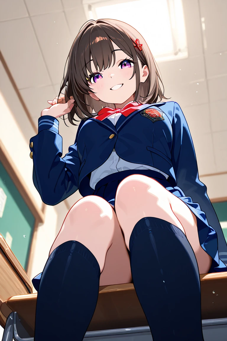 solo, 1girl, , hazuki katou,.,looking viewer ,grin,medium breasts,classroom,blazer,miniskirt,socks,(panties,)