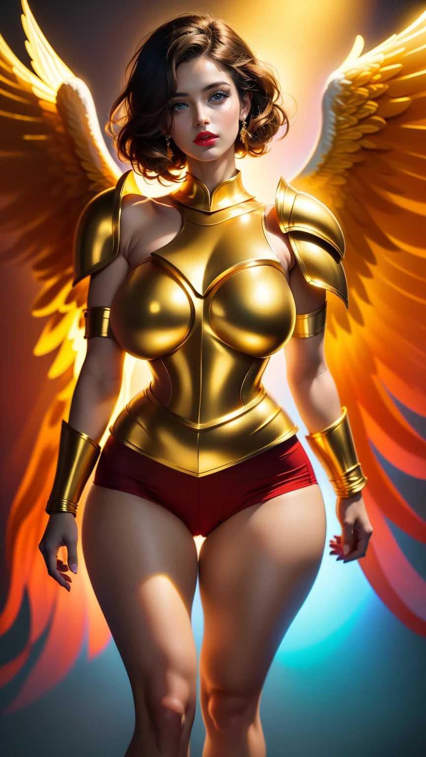 Outrageous resolution、masutepiece++,top-quality++,ultra-defined++, ultra-defined++,4K++,8K++,(Background Focus)++, Highly detailed, Viewer's Perspective、((Golden World))++、((1Man))++, ((An angel in golden armor in a battle posture)), ((((An angel in golden armor who is a battle-mad))))++++,(Angel in Golden Armor)、((Golden wings in golden armor))++, (((Gorgeous golden cloth)))+++,(((golden glowing)))++++,(Holding a golden sword in his right hand)、((Frosty gaze))+ +,((Holding a golden shield in his left hand)) ++, (Golden Helm) +,(Sharp eyes)、(Golden blonde)、((The long-haired)、(Super shiny hair and skin), (Sunlight),((Beautiful)),(Huge breasts_Body: 1.5),(Huge breasts:1.5), Muscular girl with clearly visible abs and muscles, Sweaty body, cleavage, Dynamism, (Abs cleansing and shaving, Muscle muscle thighs) +, A lively smile, Perfect eyes, Perfect hands, Perfect nose, Magic Battle Dark, Bright atmosphere, (wet effect) +, (light effect), (Cinematic Light) + , (Like a movie of light) +