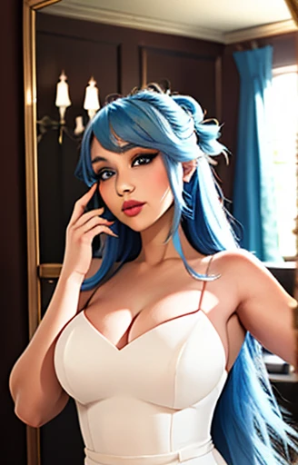 A Beautiful woman in fishnet stalking, ((sheer:1.8)) body suit, ((Playboy bunny ears, cotton tail:1.5)), ((full body view from feet to top of ear:1.8)), smiling, flirting, having a good time, long flowing wavy pink, green and blue hair, cobalt blue eyes, standing by window in luxury bedroom, (large breasts:1.5), ((view from side:1.5)), photo realistic, 8k, vibrant colors