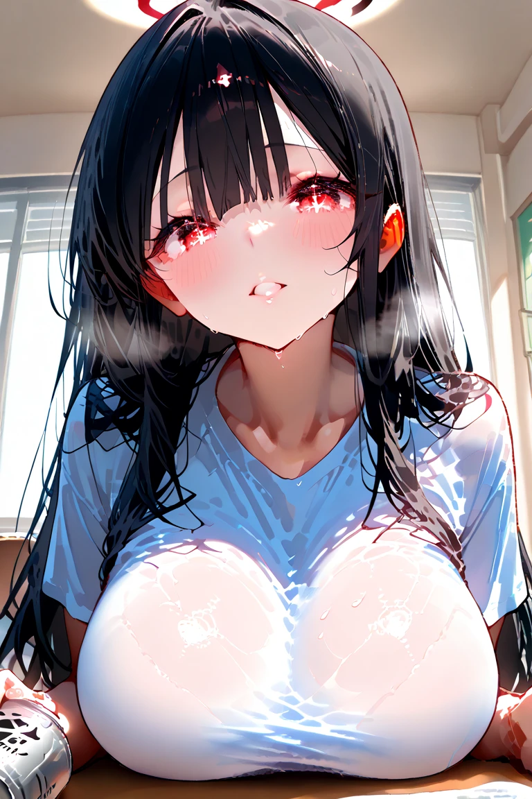 Black hair, (naked:1.4), ( black see-through lingerie:1.3), (blushing face:1.4), (heart-shaped pupil:1.5), (sweaty:1.2), smiling, tongue out, ((g-cup)), (full body shot)), bedroom background, (wet
