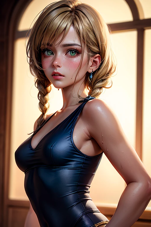 Perfect, masterpiece, (best quality, highres:1.2), 1girl, beautiful detailed eyes, beautiful detailed lips, extremely detailed eyes and face, long eyelashes, medium:oil painting, vivid colors, HDR, studio lighting, ultra-fine painting, sharp focus, physically-based rendering, extreme detail description, portraits, ((organized fingers)), curvy body, big breasts, perfect shape, facing viewer, sweaty, gorgeous, ((arms up)), sleeveless dress, straddling, smiling