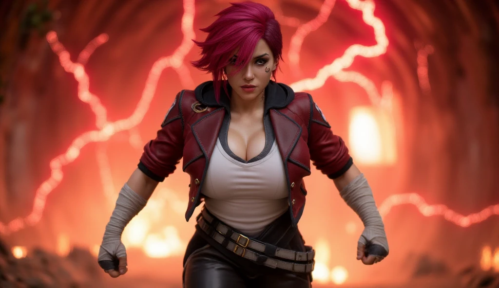 arcane style, neck tattoo, nose piercing,1girl, thick, mommy, pink hair, asymmetrical bangs, bandaid, short hair, bangs, freckles, grey eyes, scar, scar on face, solo, tattoo on face, arcane vi, looking at the viewer, purple, hair, large breasts, large breasts, cleavage, big cleavage, upper body, wearing only a red bra, bra, red lingerie, angry face, mouth closed, cleavage, vi from arcane, arcane style, tight bra, red bra, vi \(league of legends\ 