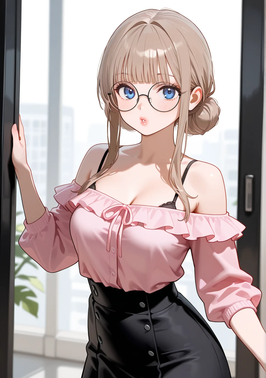 ((best quality)), ((highly detailed)), masterpiece, absurdres, extremely detailed face, beautiful face, (detailed eyes, deep eyes), (1girl), (glasses), straight-on, sexually suggestive, <lora:hairdetailer:.7>, <lora:ppeach:1>, blonde hair, long hair, blue eyes, crown, earrings, smiling, pink clothes, negligee gown, (inside, in a kitchen), <lora:Abmayo_v3:.8>