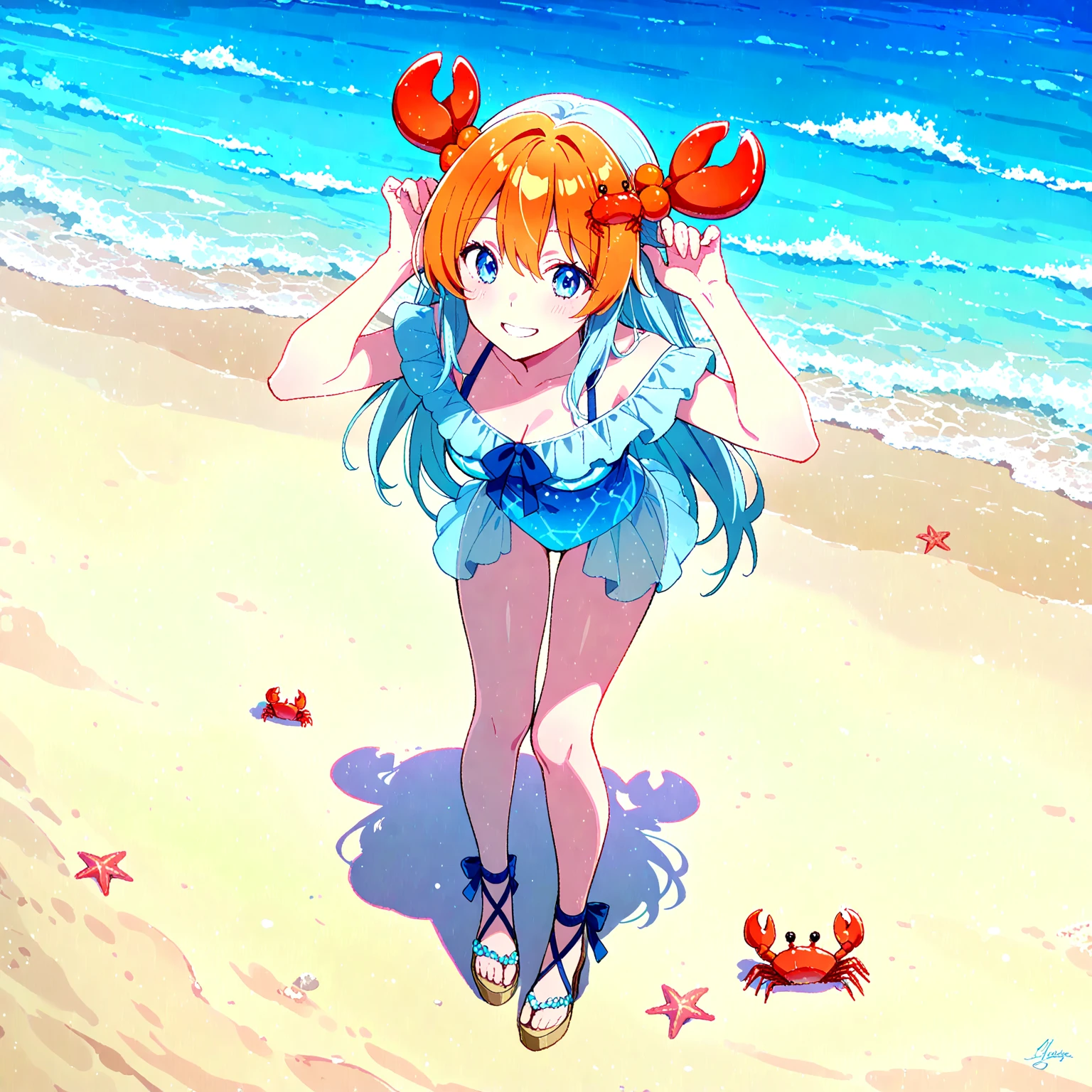 Slime Girl that is translucid orange-yellow with small spikes and is dressed in a outfit made out of starfish with fanged mouths in odd places by the beach  in anime art style