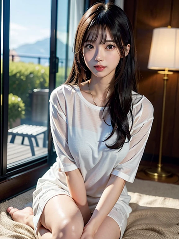 Blushing lightly and smiling, (Top quality masterpiece:1.2) Delicate illustrations, Very detailed, /Beautiful woman Japan in her 30s、1 person,Very cute and slim、Excellent style 、((8K images、super high quality))、Very delicate face, Skin and slightly damp hair、beautiful forehead、Red lipstick,(((((long hair、Gradient Hair、Brown Hair))))),Very cute Japanese cut face、Eyes and nose are clearly visible、Kind eyes,(White shirt、Slightly see-through underwear)、Hotel Rooms、Night view