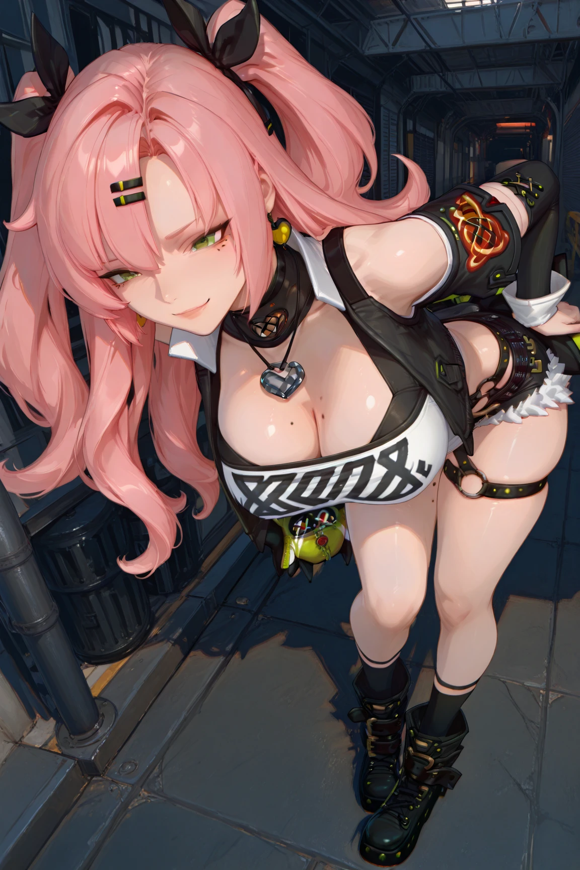 (dynamic angle:1.3, front view:1.1, breast focus:1.3, from above:1.2), (dynamic posing:1.2, sexy posing:1.2), (seductive smiling:1.3), highest quality、(real、photorealistic:1.4),(ultra high resolution, 8K RAW photo, clear focus), best qualtiy, natural lighting, field depth, (Bright pupils, detailed beautiful blue eyes, high detailed face), (tight focus:1.2), a girl 28yo old, Thicc, thin breast, long hair, blue eyes,garter stocking, cleavage:1.2, midriff, black shorts, black thighhighs, thigh strap, pretty girl, (highly detailed beautiful face and eyes,firm breasts),real skin,((black,hair,long pony tail hair)),thin pubic hair,cute,lovely, detailed eyes,(double breasted:1.0,under bust:1.0),(with sparkling eyes and a contagious smile),soft open mouth, Looking at Viewer,