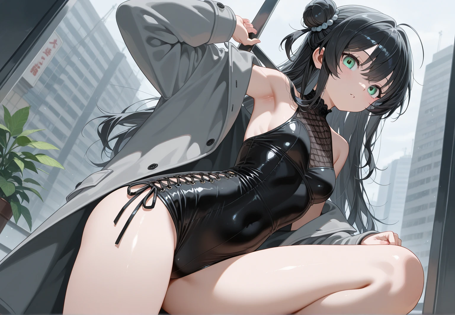 1shot,((perfect anatomy:1.3,realistic:1.3,RAW Photography:1.3,masterpiece、highest quality、Ultra - High resolution、High resolution、Highly detailed CG、8K)),nsfw,cowboy shot,1 female,solo、25 year old beauty,Japanese,((beautiful detailed face and eyes,big gorgeous eyes:1.3,gray eyes)),black hair,ponytail hair,long hair,straight hair,blunt bangs,blush,open mouth,((medium breasts, ideal ratio body proportions:1.5,small head:1.6,slender body,skinny)),((sweat:1.5)),(oily skin,gleaming skin,shiny skin),(nipples,Black leotard、turtleneck,no sleeve,Love juice:1.5,bukkake:1.5,barefoot,black sneaker shoes),kneeling,High-rise building rooftop、night、真night中、moonlight,