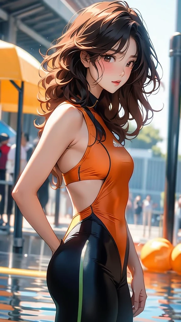 actual、Super high chroma、8k、red hair long curly hair(((30-year-old girl)))、((((She was wearing an orange and black competition swimsuit。))))competitive swimmer、Big deal 、Thick thighs、Pay attention to muscle development。view from behind、show your butt、 olympic Comcompetitive swimmerics stadium 美しい顔, Highly detailed facial and skin textures, (Eyes have small wrinkles, double eyelids, thin eyebrows, glitter eyeliner: 1.2, natural cheeks, skin shiny, White skin,, (glossy lips: 1. 4),Sweating 1.0、(((vitality)))