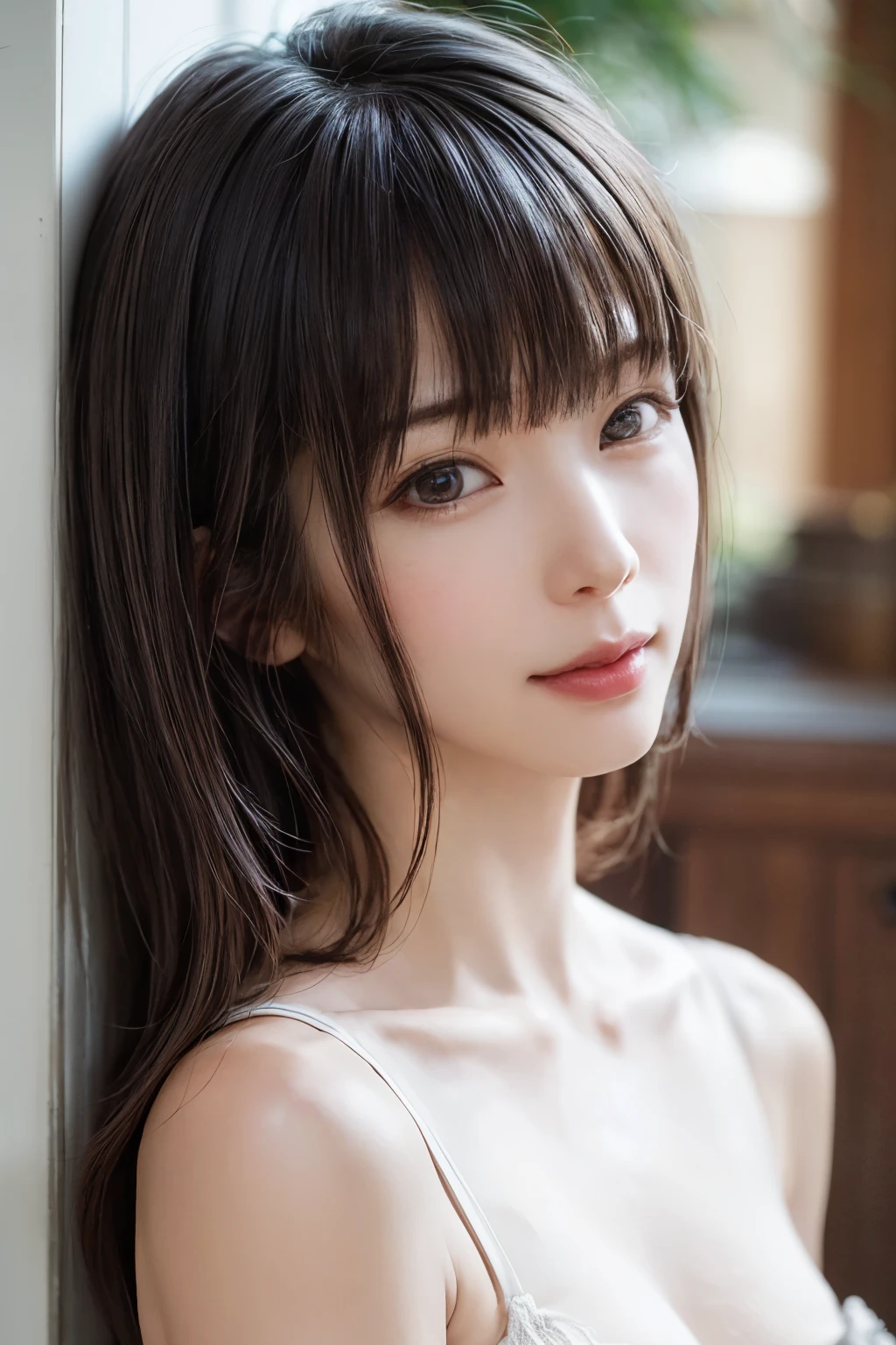 Bright expression、Photorealism、highest quality、超A high resolution、picture、Photos of the most beautiful Scandinavian girls、A cute and beautiful face down to the last detail、Small Face、(Purelos Face_v1:0.008)、Beautiful Bangs、Alice in Wonderland、12 years old、Glowing White Skin、Hair tangled in the face、Bangs on the face、Bob Hair、Attractive brown extra long straight silky hair、Beautiful bright transparent light blue big eyes that are charming and shining、、、eyeliner、double eyelid、Small, shapely breasts、Reflecting thighs