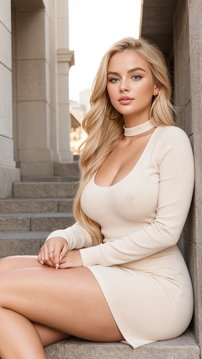 Plunge Cowl Neck Long Sleeve Dress , open chest, deep cleavage, long wild hair, old womans, blonde, pearl necklace, 3 women