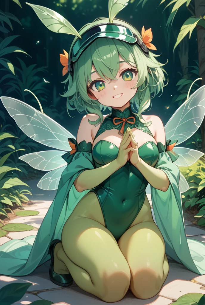 A sexy elf girl, holding a flower in her hand, smiles with her one eye closed, slightly bent over,