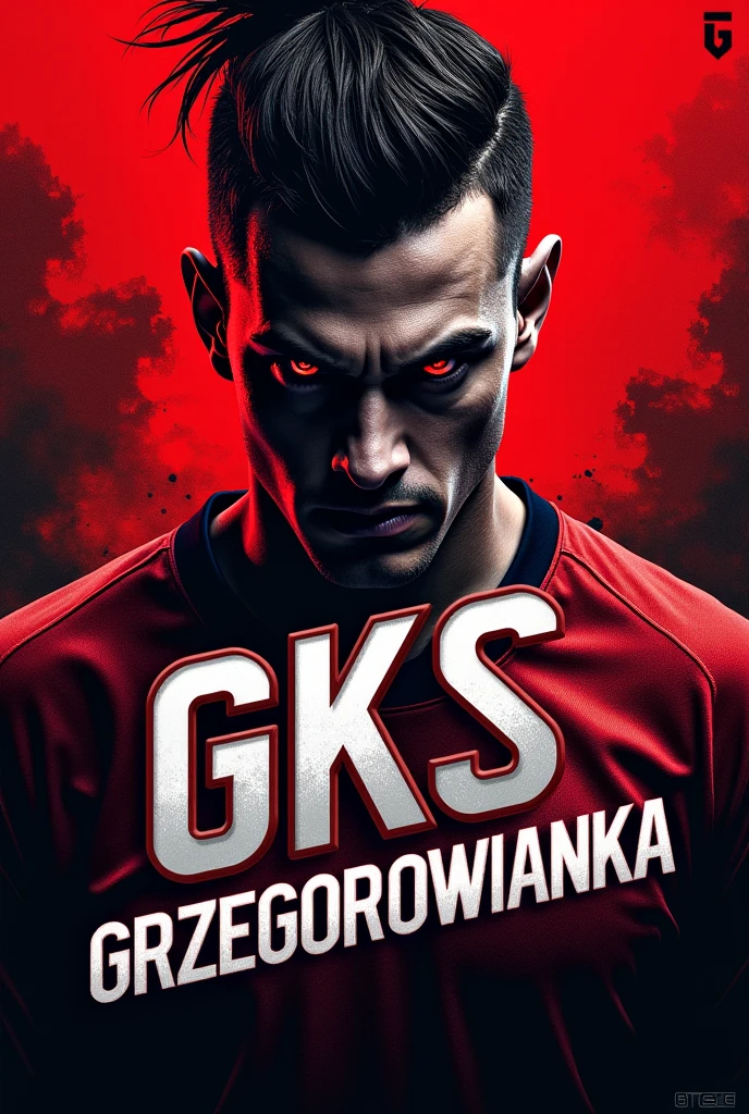 (artwork) (high detail) (high resolution) Close-up of a short boy with pale human skin and dark eyes and long black emo hair. magazine cover. He is wearing a football kit with a red football shirt and a pair of red football shorts and knee-high football socks. He is holding a sound system. Sports background magazine cover.