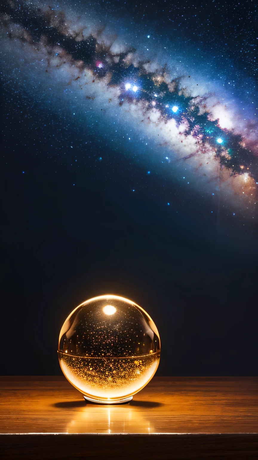 Look at the stardust、 crystal ball、On the desk、bright room、High Quality、Masterpiece、ultra high definition、realistic、photoreal、HDR、UHD、studio lighting、Detailed depiction of orders of magnitude、Professional、Vivid colors、Bokeh Night sky background
