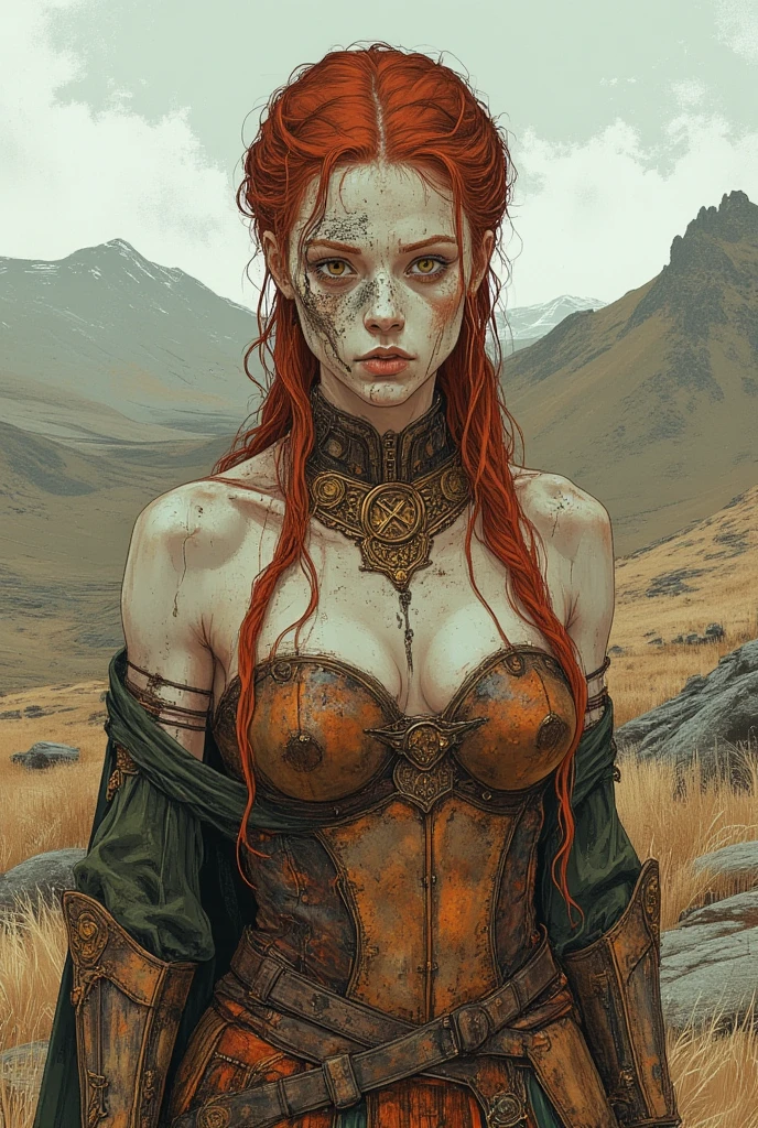 detailed illustration of a ginger female wearing heavily damaged loincloth, standing sad on a battlefield, the battlefield on fire as background, dirt, misery, and decadence, dark ambient, art by Mschiffer, tetradic colors