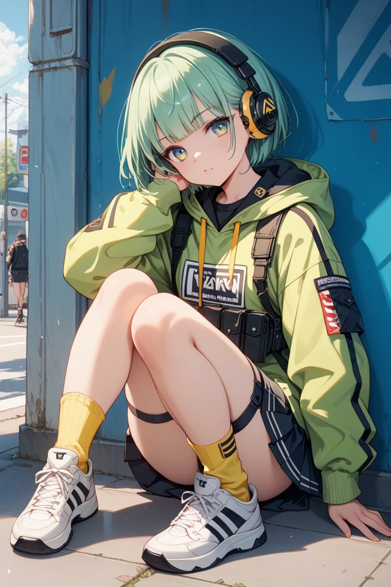 (high quality, 8k, 4K, High Contrast, masterpiece:1.2, 最high quality, Best aesthetics), ((1 female)),Sitting on the ground,Inner thighs, bright eyeshadow,((extra short hair)), (Background of blue sky and road along the sea)), ((Flat Color)), (Plain grey long sleeve sweatshirt), ((Black shorts)),(white super loose socks), Looking at the audience, Transparent Background, (Staring at me), Sleepy eyes, High Contrast, Contrasting colors, Black Hair, Red eyes,, Small star-shaped earrings in both ears, ((low angle shot)), Black baseball cap,Lime green sneakers,big tits