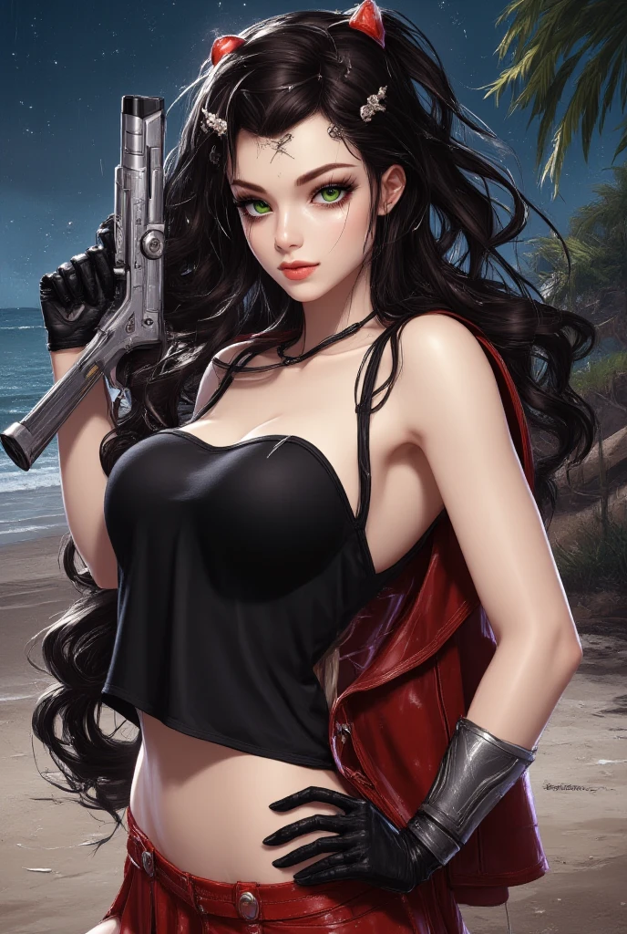 An animated woman poses in front of the beach in a very sexy black dress and corset,Tattooed with