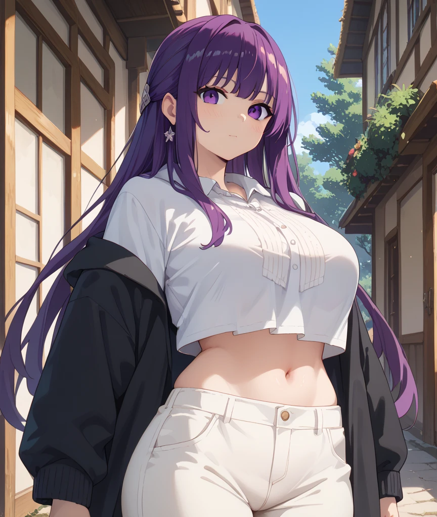 Fern, Fern, Long Hair, bangs, (Purple eyes:1.1), Purple Hair, Side Lock, blunt bangs, (Bright Eyes:1.5), Half Up, break (((((bloomer))))),(((((white shirts))))),(((((gym clothes))))) break outdoor, null, cloud, sun, forest, wood, break looking at viewer, (Cowboy Shot:1.5), break (masterpiece:1.2), highest quality, High resolution, unity 8k wallpaper, (figure:0.8), (Beautiful fine details:1.6), Highly detailed face, Perfect lighting, Highly detailed CG, (Perfect hands, Perfect Anatomy),(()),(Thighs),((smile))