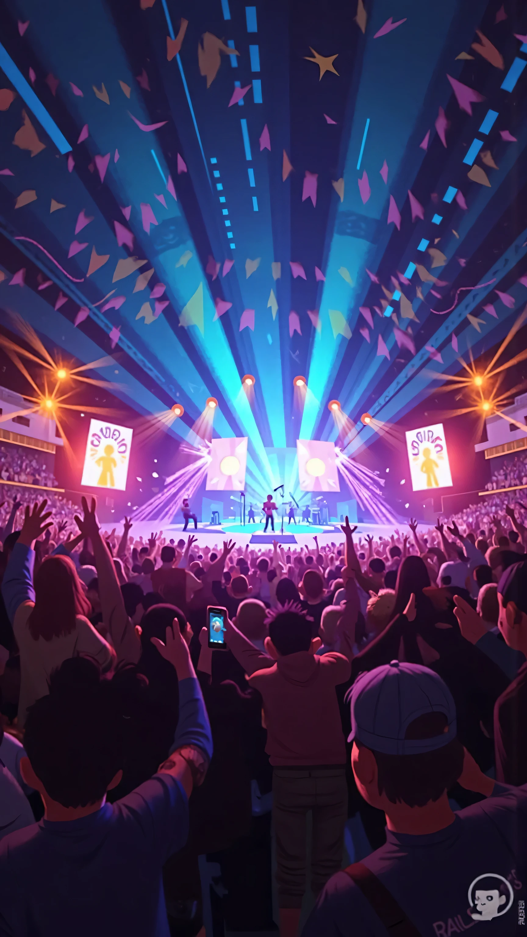 Large Panorama,wide-angle lens,A vibrant indoor concert,The stage lighting is colorful,The blue glow sticks in the audience,The perspective extends from behind the crowd to the stage,High energy and warm atmosphere,cinematic lighting effects,ultra-detailed illustration style