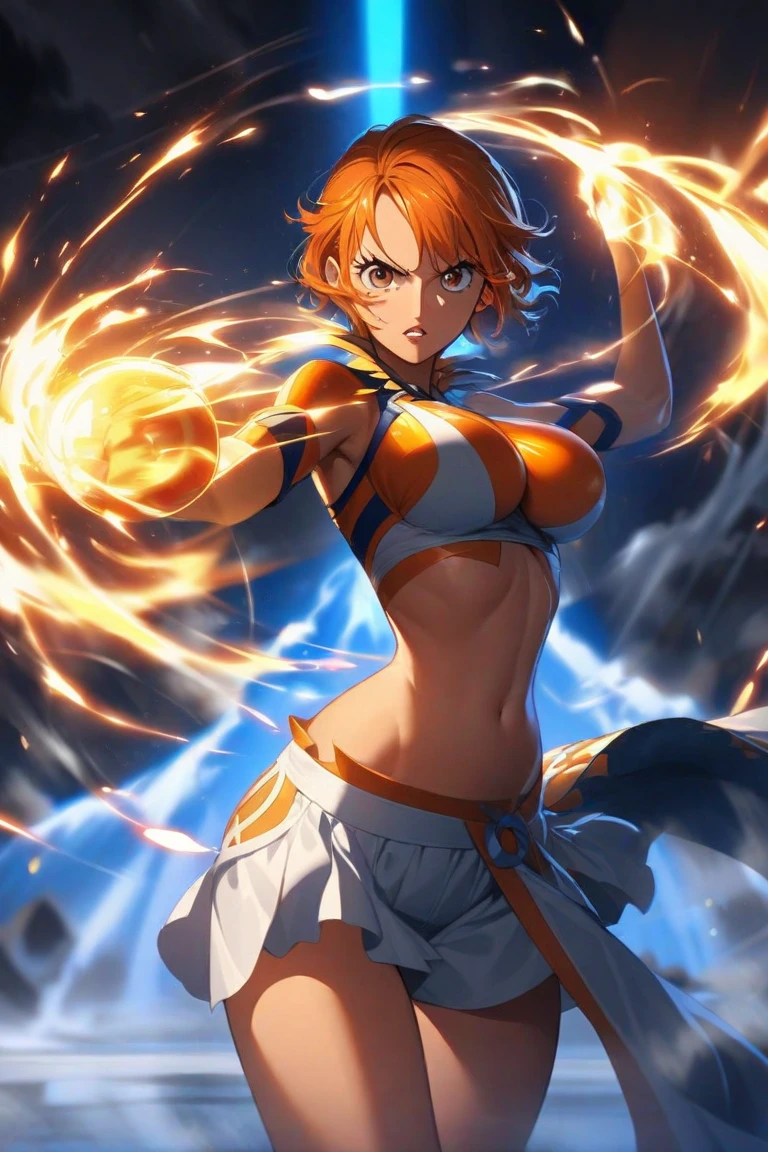 8k,A super muscular American female fire goddess, With the energy of a 20-year-old.,Super Beauty(Like the real thing),Staring angrily at the audience.,Orange Mohawk Hair,Sexy orange and black large chest armor(Fire God's Emblem),Orange Flame Gauntlets(Fire God's Emblem),Orange Flame Leg Guards(Fire God's Emblem),Orange and black shorts(Fire God's Emblem),Slender and muscular lower body,A dark and desolate land,Photorealistic RAW photos of the highest quality。Bright colors,Rich colors, Backlight, Cinema Lighting, Film Grain, 50mm lens, Nikon D850,Realistic Skin,Fantasy art,Character Art,Ultra-high resolution,Realistic Skin,Raised muscles,A 20-year-old beauty who is the goddess of fire,Black Flame God Costume(Orange flame emblem filigree),Energy Man,Showing off very intense and strong abs,Top-down view,Dynamic fighting pose,Uplifting,Bright Red Eyes,American Woman,Bodybuilding,Fighting style,Martial Arts Posture,Super muscle beauty,