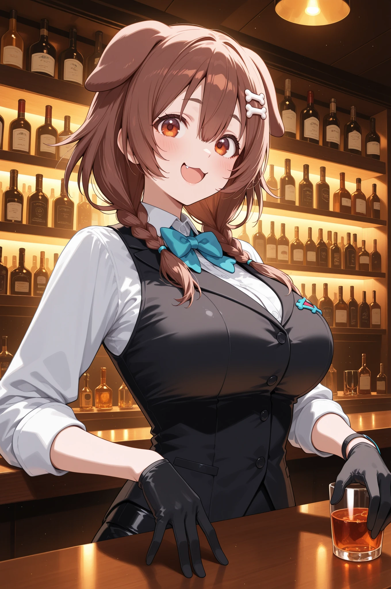 1girl, forehead, large breasts, skirt, brown skirt, bar, brown hair, medium hair, cup, smile, standing, mature female, layered skirt, sleeveless, long shirt, bowtie, bow