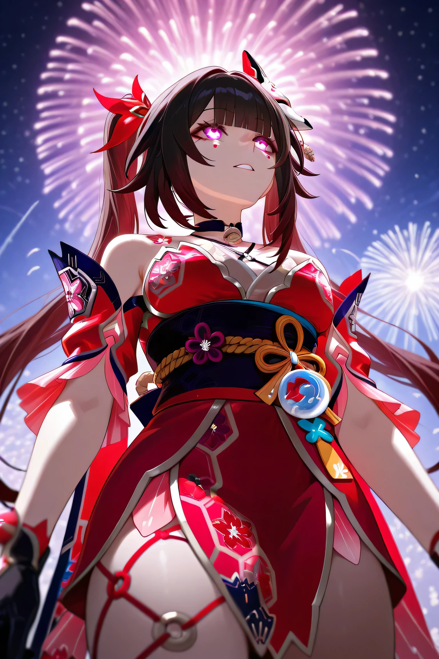 sparkle honkai star rail, Dramatic low angle shot, looking up at a subject's face from below. Emphasize a powerful, cinematic perspective.