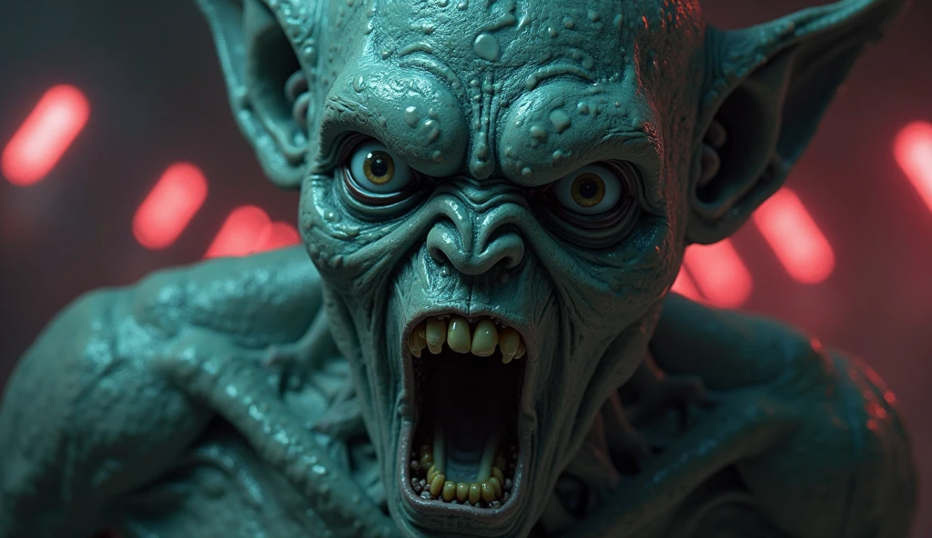 gollum with a face of desire looking to the side, neon colors