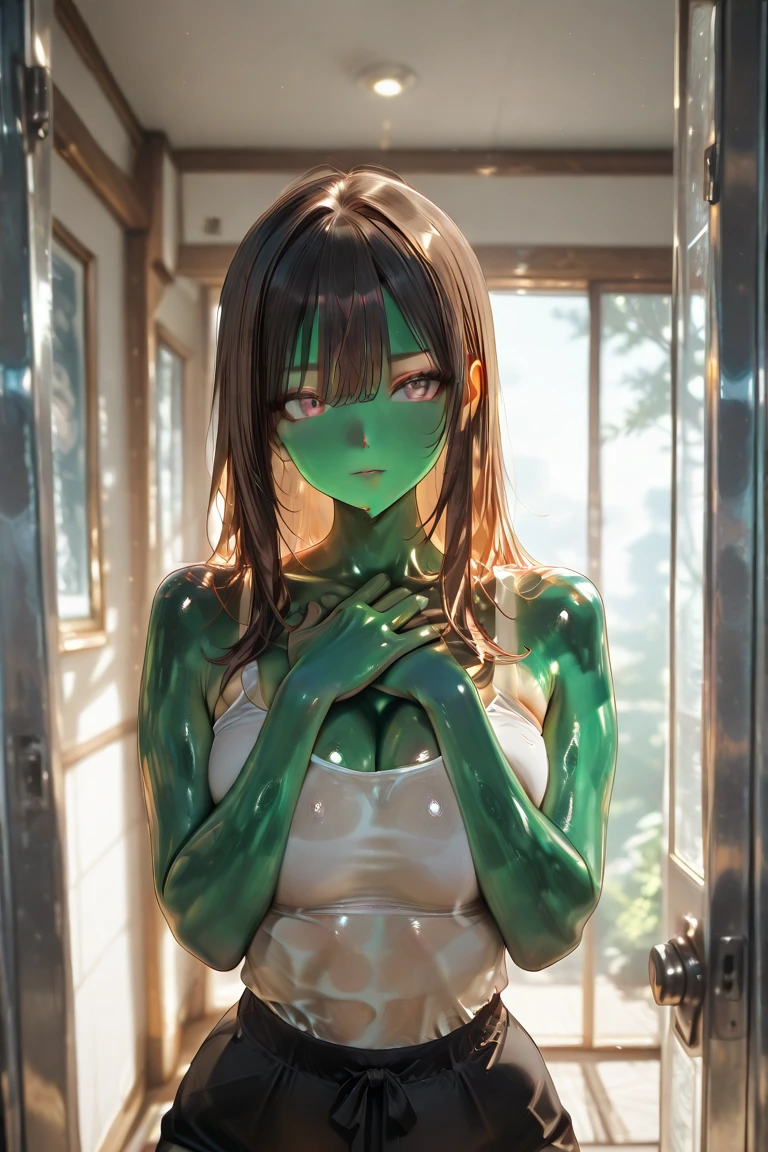 Dark green slime,トイレから流れ出るDark green slime,background:Small toilet,1 toilet,1 window,Sexy Body、Slime all over my body from head to toe