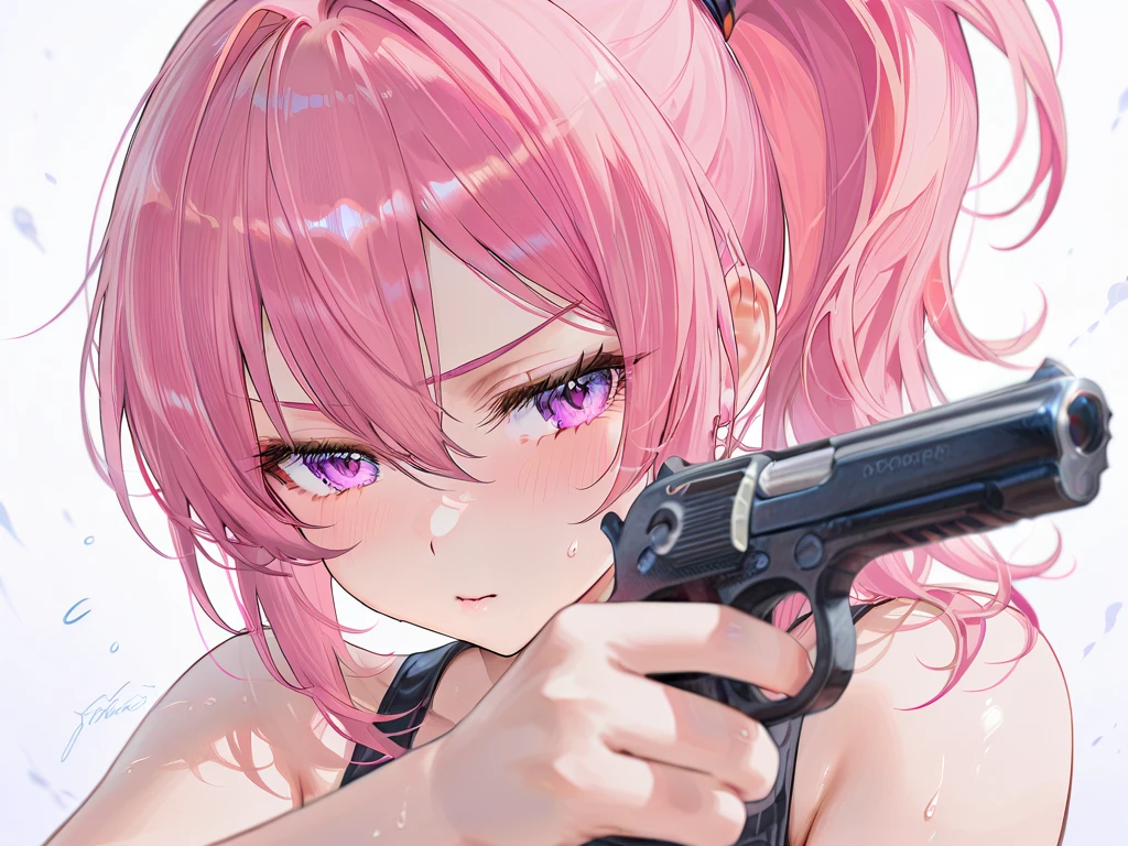 gorgeous, cute pajama, bright room, comfortable bed, lovely pillow, warm lighting, aiming pistol , cleavage, stunning body, ultra detailed face, glowing lips l, glowing eyes, open pajama