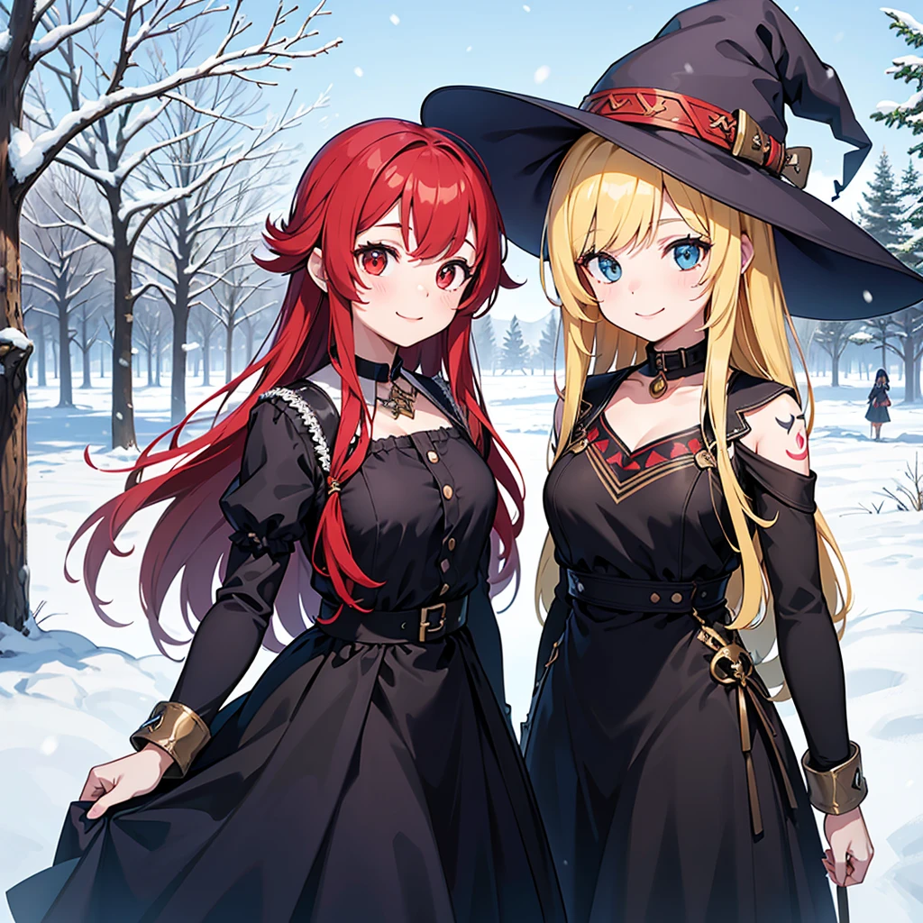 ((anime:1.2), exceptional, best aesthetic, new, newest, best quality, masterpiece, detailed:1.2), illustration
2girls, blush, (large witch hat:1), skindentation, forest background, (pretty face:1.1), wizard cloak slightly open, red eyes, medium breasts, lighting, covered nipples, tight black pants, highleg thong, snow, winter, cinematic lighting