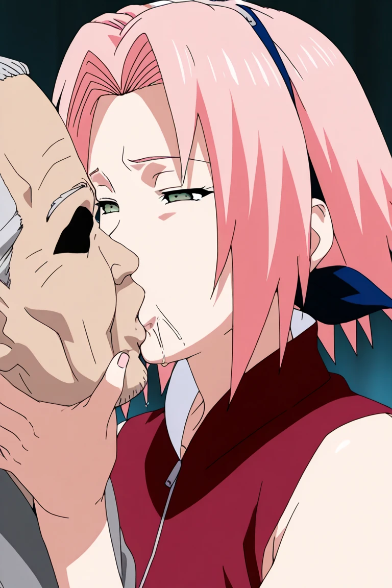 sakura haruno、masashi kishimoto、(((kiss)))、clothed、pink hair、short hair、(((faceless old man)))、half closed eyes、face grab、side view、saliva、smell、close-up