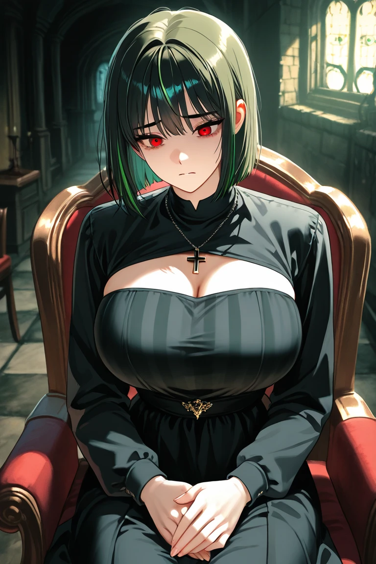 1girl, 2solo focus, Beautiful anime illustration of a sexy woman with shoulder length green hair reclining in a chair suggestively while making eye contact with the viewer, wearing a tight black dress that barely reaches her thighs, red eyes, milf, cougar, turned on, seductive, interior, masterpiece, 8k, volumetric lighting, front view