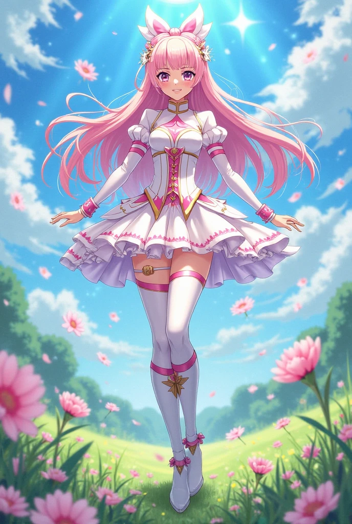 masterpiece, best quality, solo, 1girl,
Cure Blossom \(HeartCatch Pretty Cure\), HeartCatch Pretty Cure,
cowboy shot, Pretty evil grin,
pink shorts, pink wrist cuffs, gem, frills, pink choker, pink boots, pink skirt,
long ponytail, hand on forehead, hand on hip, standing, legs apart,foot on penis, panty,
(garden in the background), small hands,
1boy, penis, (cum:1.4), (footjob), Angle from below,