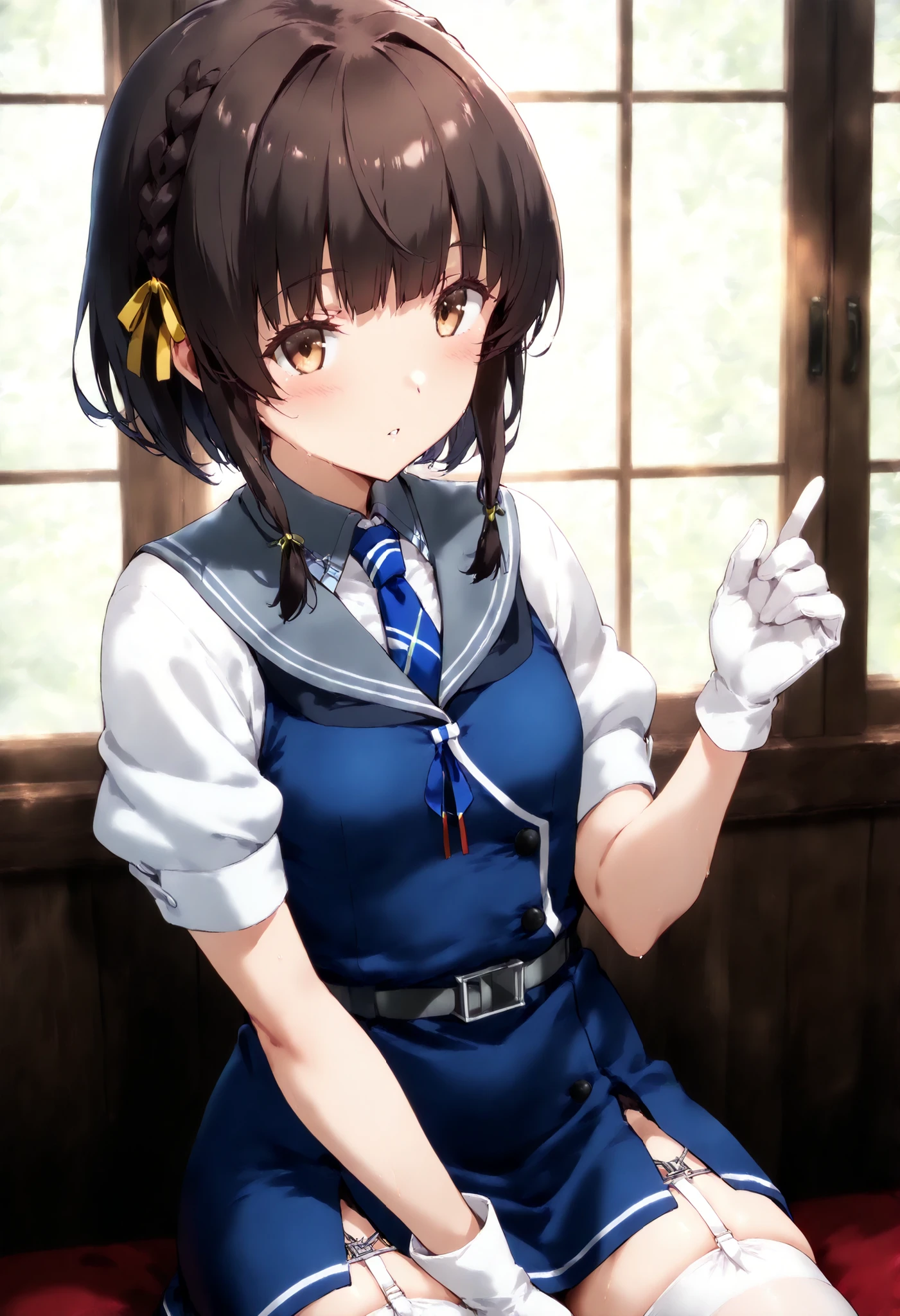 Ukuru (KANCOLLE), ukuruKC, 1girl, solo, short hair, shirt, thighhighs, gloves, dress, white shirt, short sleeves, white gloves, sailor collar,white thighhighs, blue dress, grey sailor collar,necktie,braid