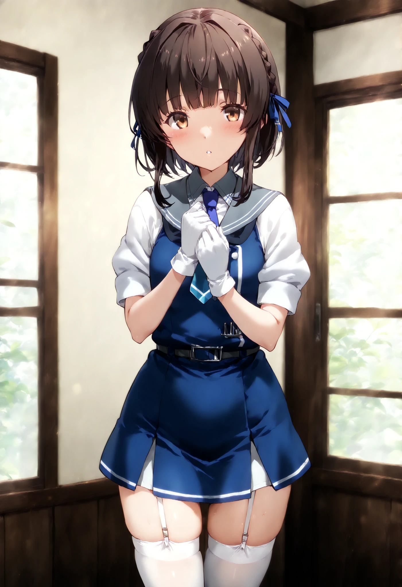 Ukuru (KANCOLLE), ukuruKC, 1girl, solo, short hair, shirt, thighhighs, gloves, dress, white shirt, short sleeves, white gloves, sailor collar,white thighhighs, blue dress, grey sailor collar,necktie,braid