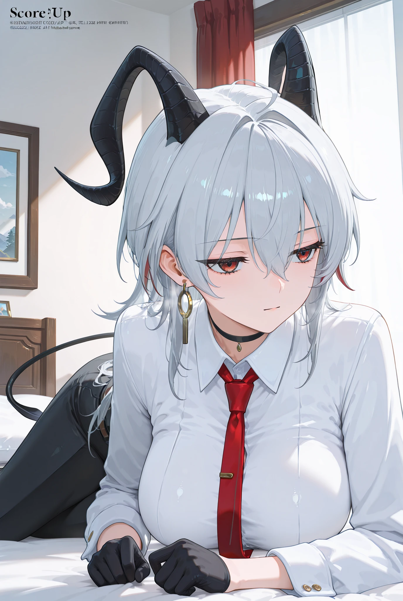 ((Zani)),
score_9, score_8_up , score_7_up , score_6_up , score_5_up ,
(masterpiece, best quality),ultra detailed,
warm lighting, rim light, megami magazine,
BREAK
(masterpiece), (Highest Quality), (ultra detail), illustrations, disheveled hair, detailed eyes, perfect composition,(((no text))),
1 lady, zani, WutheringWaves,
white shirt, collared shirt, red necktie, long sleeves, black gloves, half gloves, black pants, earrings, black choker,
z4ni, demon tail, long hair, multicolored hair, grey hair, hair between eyes, goat horns, demon horns, red eyes, jitome,
large breasts, full body, lying,bedroom,from side,nude,