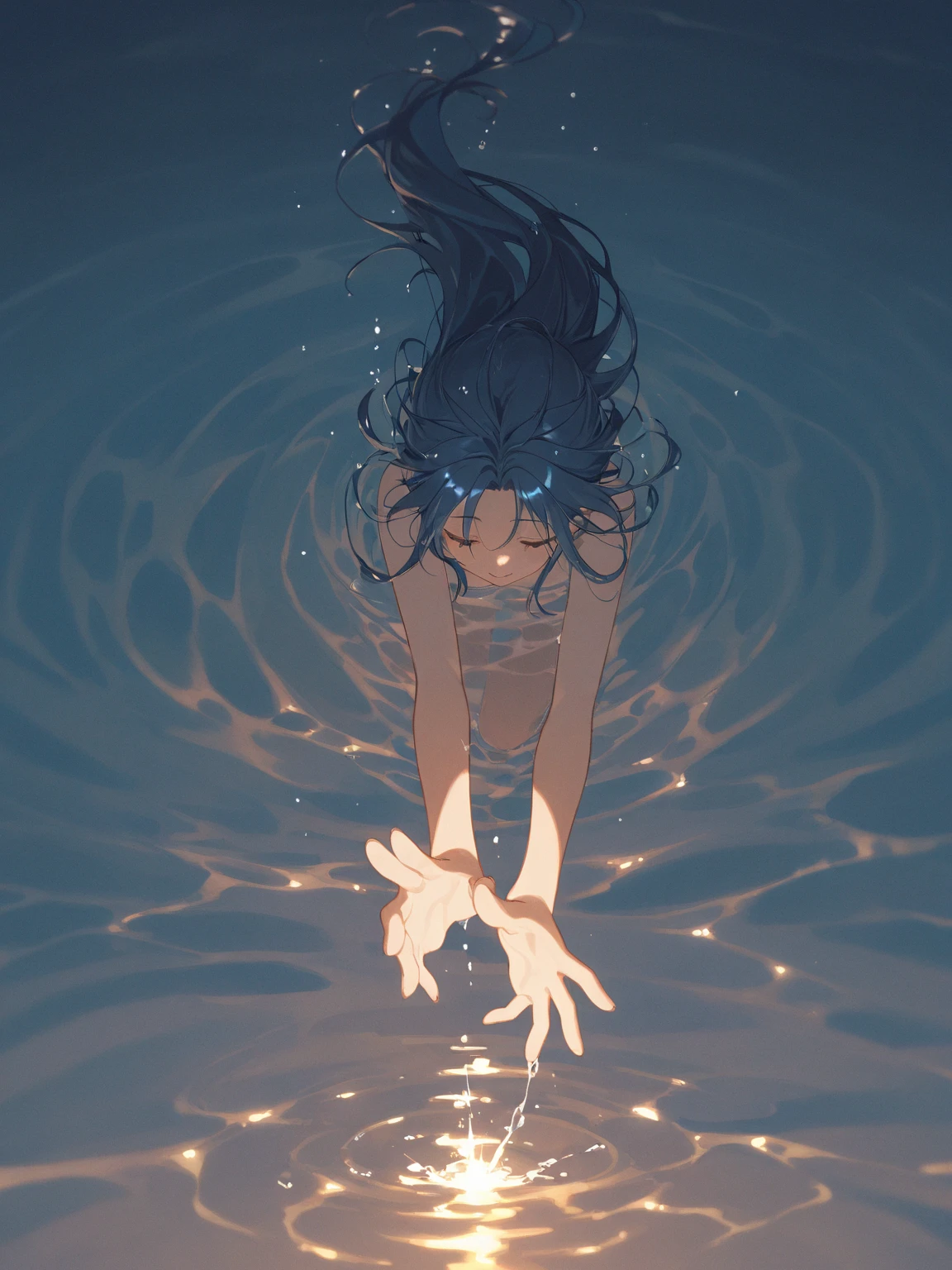 The image is anime style cowboy bebop and Darker than black with shadows and dim lights, anime style although somewhat adult and dark, It shows a desolate sea landscape with crystal-clear water and a transparent and very sparse ocean floor., the bottom of that ocean, It is less than a meter deep, In the background, from the ocean, There is only one 2 man thrown out, black hair and black eyes, awake, looking up with his hand raised.
