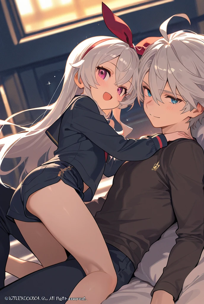 (Russia:1.6), beautiful, nice, 22 years old, amazing, masterpiece, naked, rich, Gorgeous, bed, Mansion, amazing, High resolution, (Realistic:0.5),anime,White panties,hoodie,Denim pants,Trousers half removed,blush,Hairstyle(Two Side Up),Silver Hair,black eye,Wink,Sticking out tongue,Expression of joy,blush,sex,pussy juice,penis in pussy,boy,A pair of women,Long Hair,Wearing a condom,4p