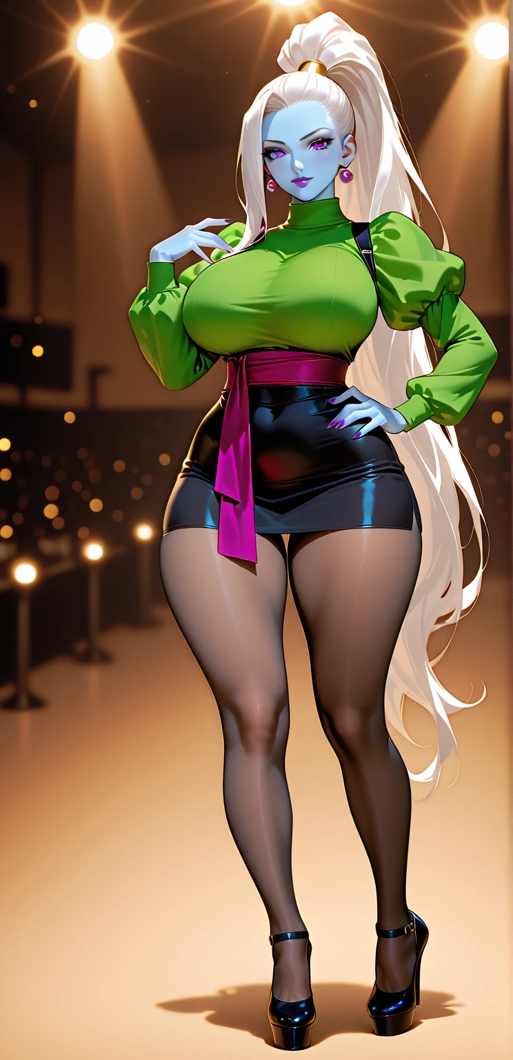 beautyfull woman, long green hair, long hair, african skin, green lipstick, black skirt, black bra, black chocker, black jacket, chubby, dancing, using headset, happy, milf, mature
