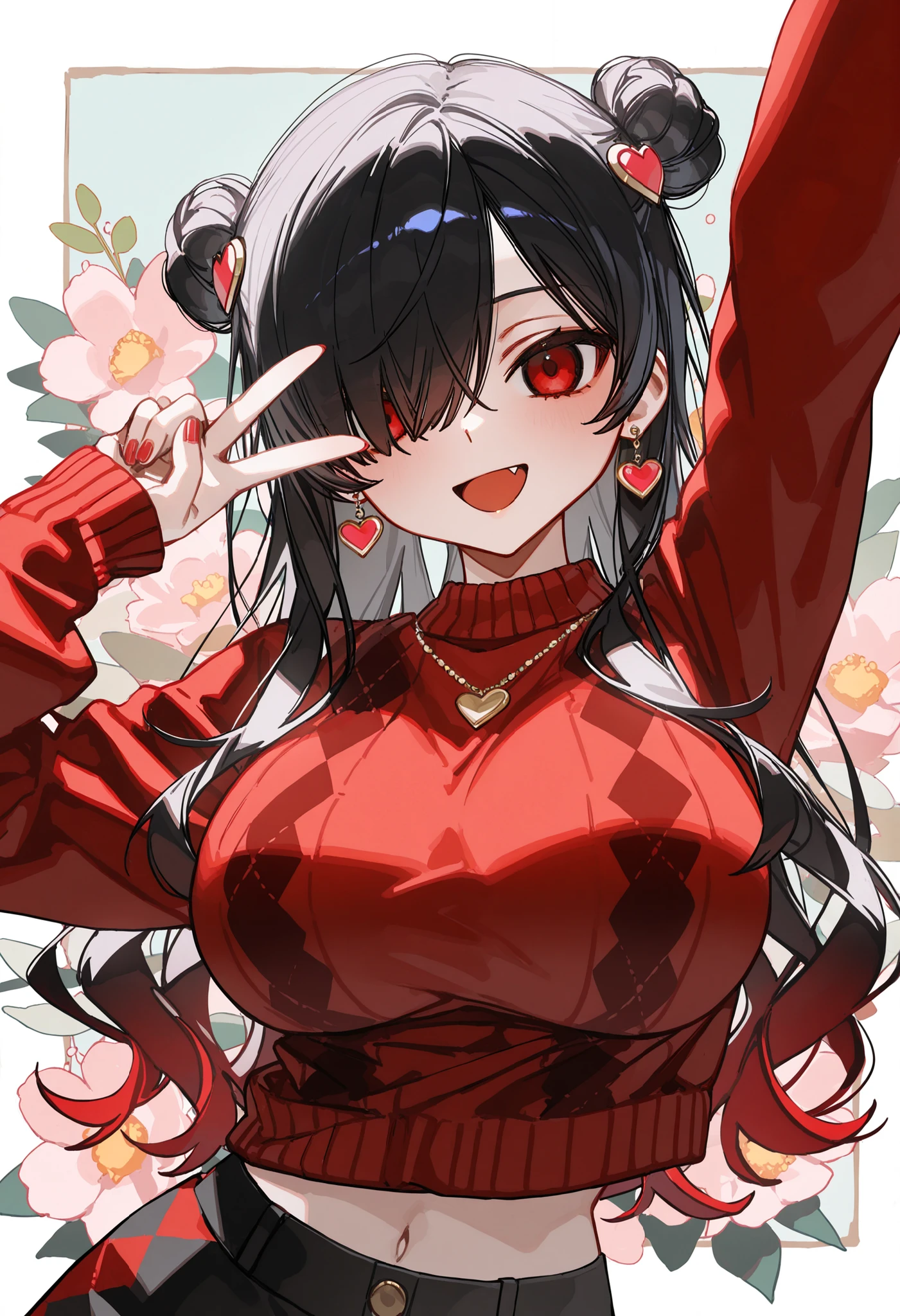 [artist:WANKE|artist:free_style |[artist:ningen_mame]|ciloranko],

1 girl, Kuroki Monika, red eyes, gradient hair, black hair, red hair, long hair, asymmetrical hairline, hair over right eye, ((large breasts)), (petite but curvy), very cute, lovely, argyle clothes, argyle sweater, arm up, red sweater, checkered clothes, double bun, earrings, fang, hair bun, hair ornament, flowers, heart hair ornament, jewelry, long sleeves, looking at viewer, midriff, pastel flowers in background, nail polish, navel, necklace, open mouth,  smile, solo, sweater, v,  tatsuroumaru, project sekai