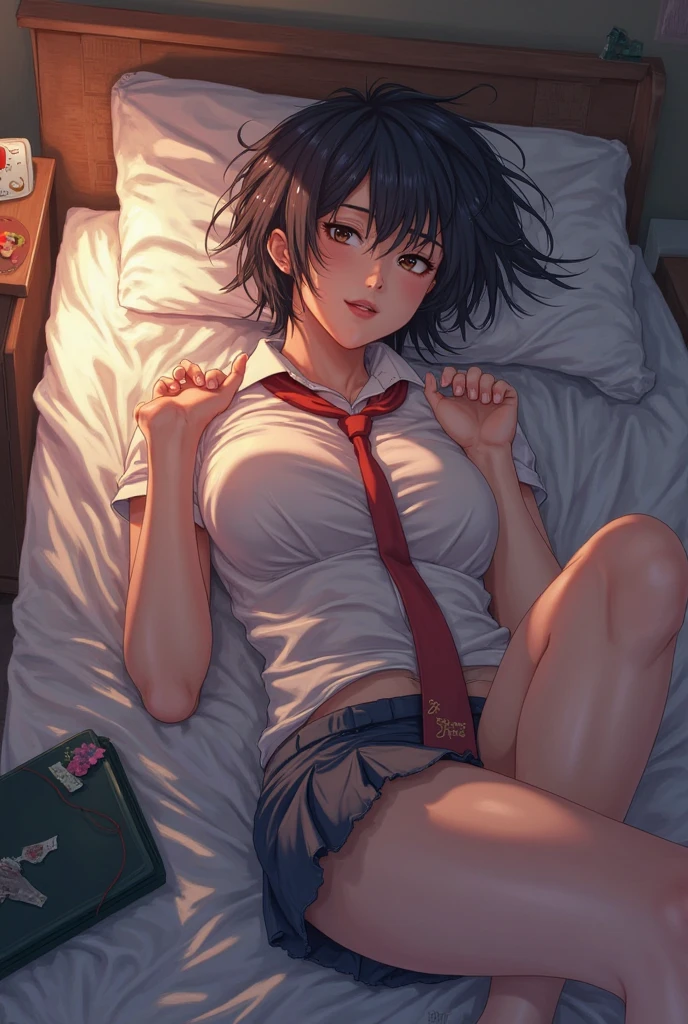 (masterpiece, highest quality), (high resolution, details,retina), beautiful backgrounds,anatomically correct,Accurate drawing,Detailed drawing,high-class sense,
anime, line-art:1.5, flat shading,

break,

Solo: 1.2, stretch woman,
(School uniform: 1.5), Baggy tops:1.2,
(Unruly hair, voluminous hair),
(Beautiful thighs: 1.0),

sleeping on back,
pink tone bedroom, morning, love, lots of pillows