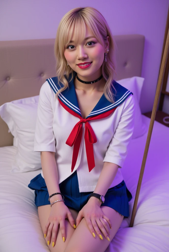 (1 Sexy Woman, Solo, Blonde Hair, Short Hair, Wavy Hair, Sailor Uniform, High School Student, Smile:1.4), top-quality, ultra-detailliert, masterpiece, realisitic, Photo Real, Bright lighting, 1 girl in, (kawaii:1.2), (Detailed Eyes, Beautiful Legs, Beautiful Eyes, glossy lip, cleavage:1.2), (Cowboy Shot, Sitting:1.2), (Short sleeve uniform white shirt, Mini Pleated Skirt, White knee stockings), (Extremely-Close-up:1.3), (In The Bed Room At Night), ((anatomically correct)), (Futuristic Portrait), The beginning of a romantic love, 1 girl only, (Most emphasize the body line:1.1), Shining ultra high resolution beautiful skin, Rim Lighting, Cinematic Light, Look at viewer, no futuro telhado de luz neon, SSCI - FI e Fantasia, intrincado e muito bonito e elegante, altamente detalhado, pintura digital, art-station, arte conceitual, smooth and sharp focus, illustration, Arte de Tan Zi e Ayanamikodon e Alphonse Mucha e Wlop
