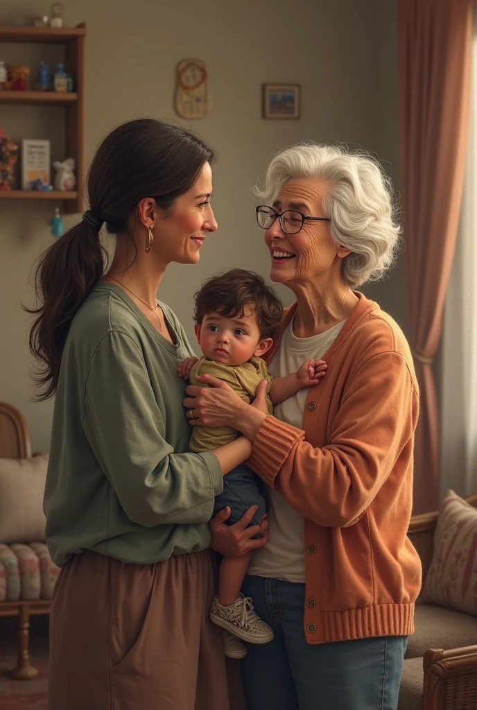 I need an image of a spirit watching a grandmother and her grandson while they take a photo in a nostalgic atmosphere. The spirit has a translucent appearance, showing benevolent features and a serene expression. La abuela, con cabello gris placido, lleva un vestido de seda suave y recortado en la cintura. Su nieto, with luminous eyes and red kidneys, porta una camisa blanca y pantalones azules. The scene is illuminated by a soft, warm light.